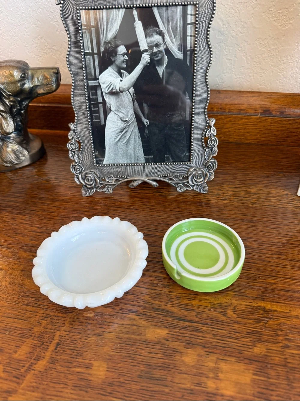 Vintage Milk Glass Dish & Green Striped Ceramic Ashtray – Trinket Dish